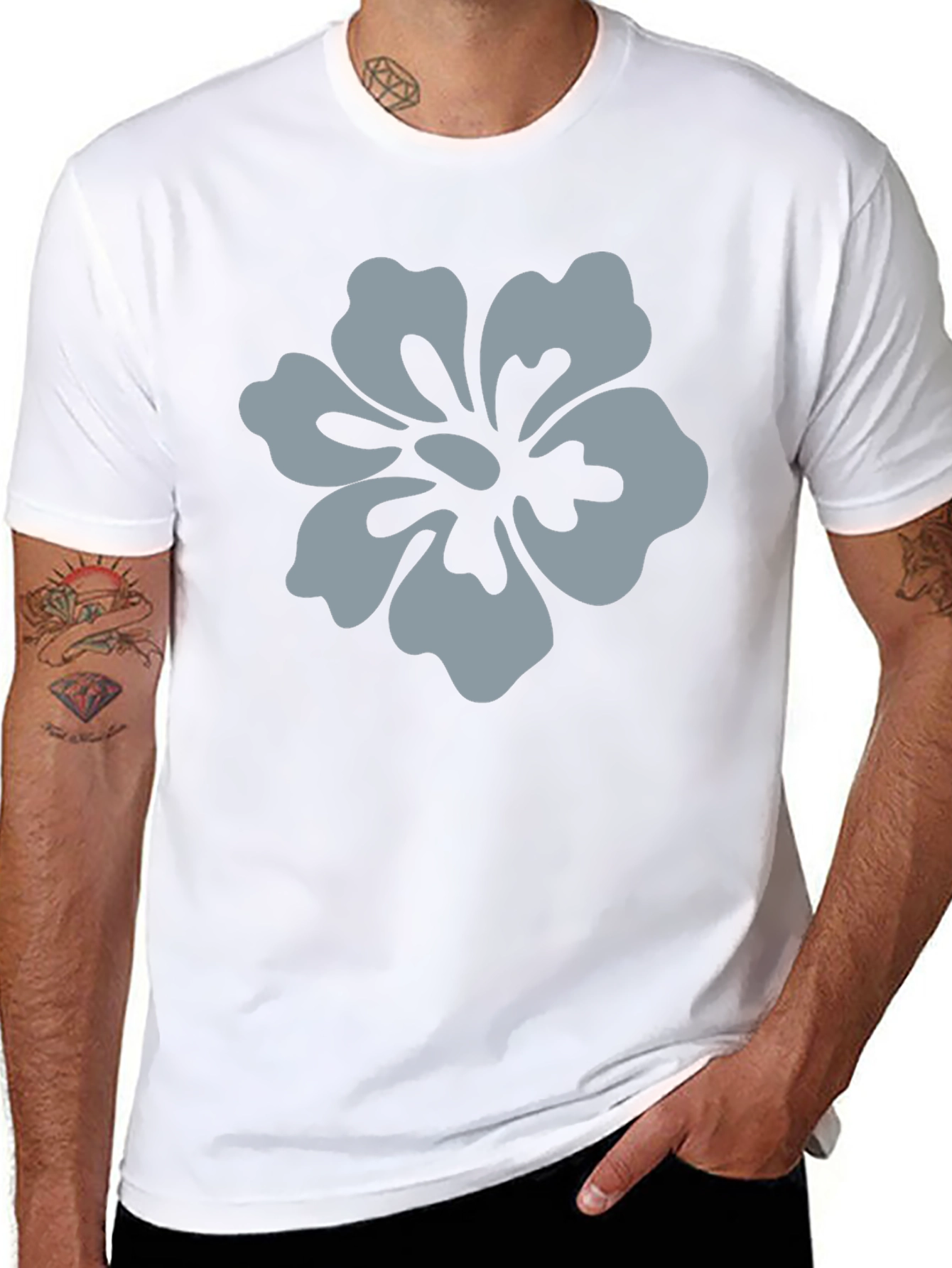 Mens Black T-Shirt with Grey Flower Graphic
