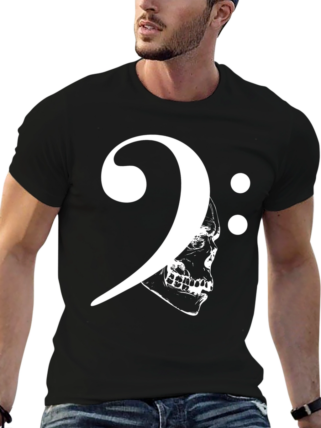 Skull Bass Clef Graphic Tee - Rock Musician Style