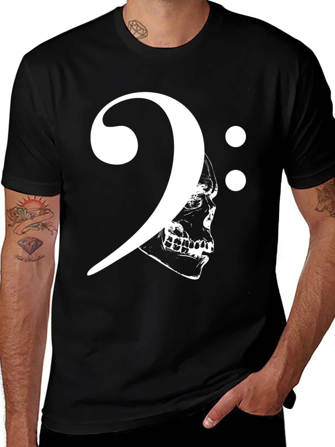 Skull Bass Clef Graphic Tee - Rock Musician Style