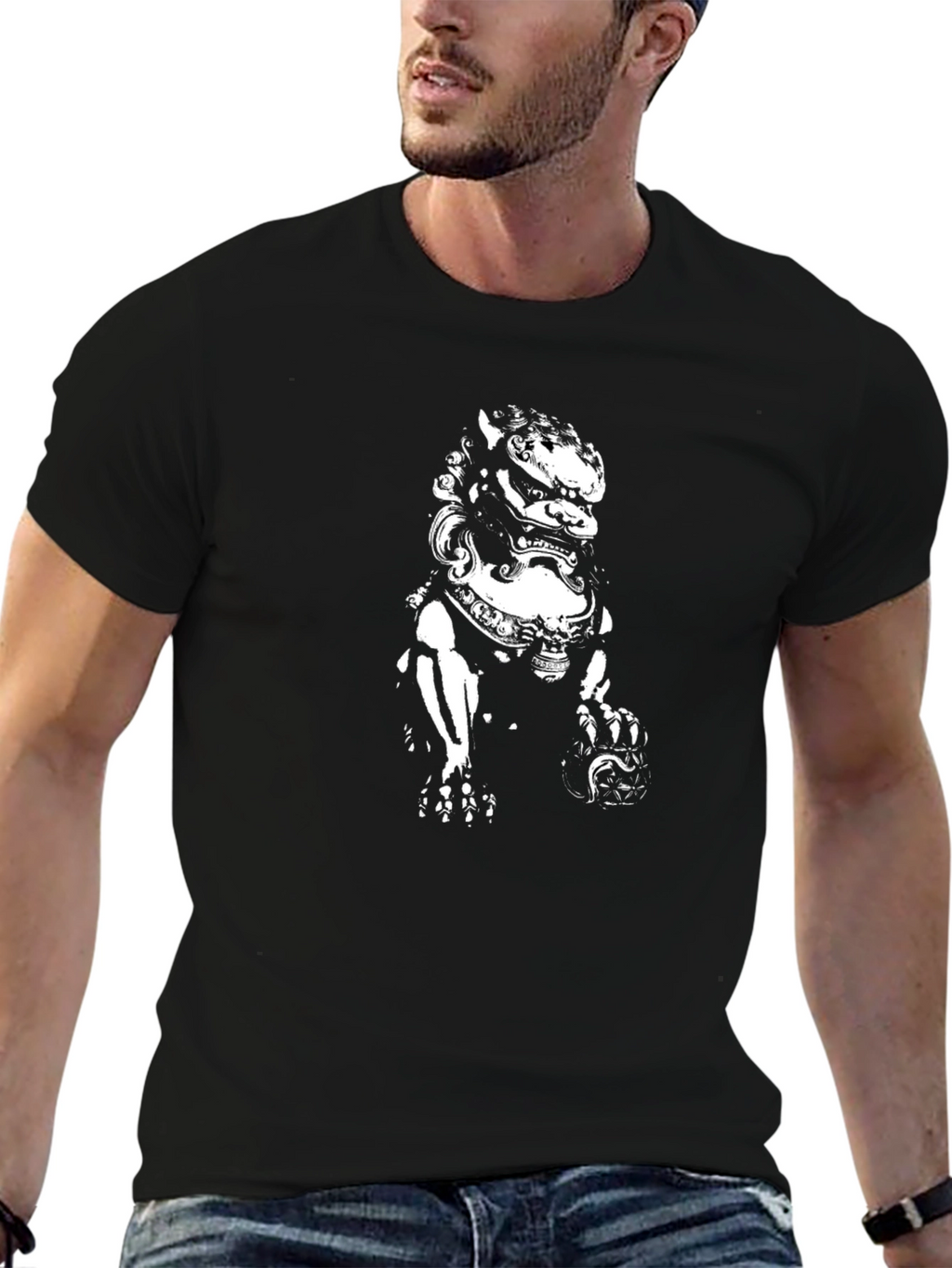 Black Graphic Tee - Chinese Lion Design