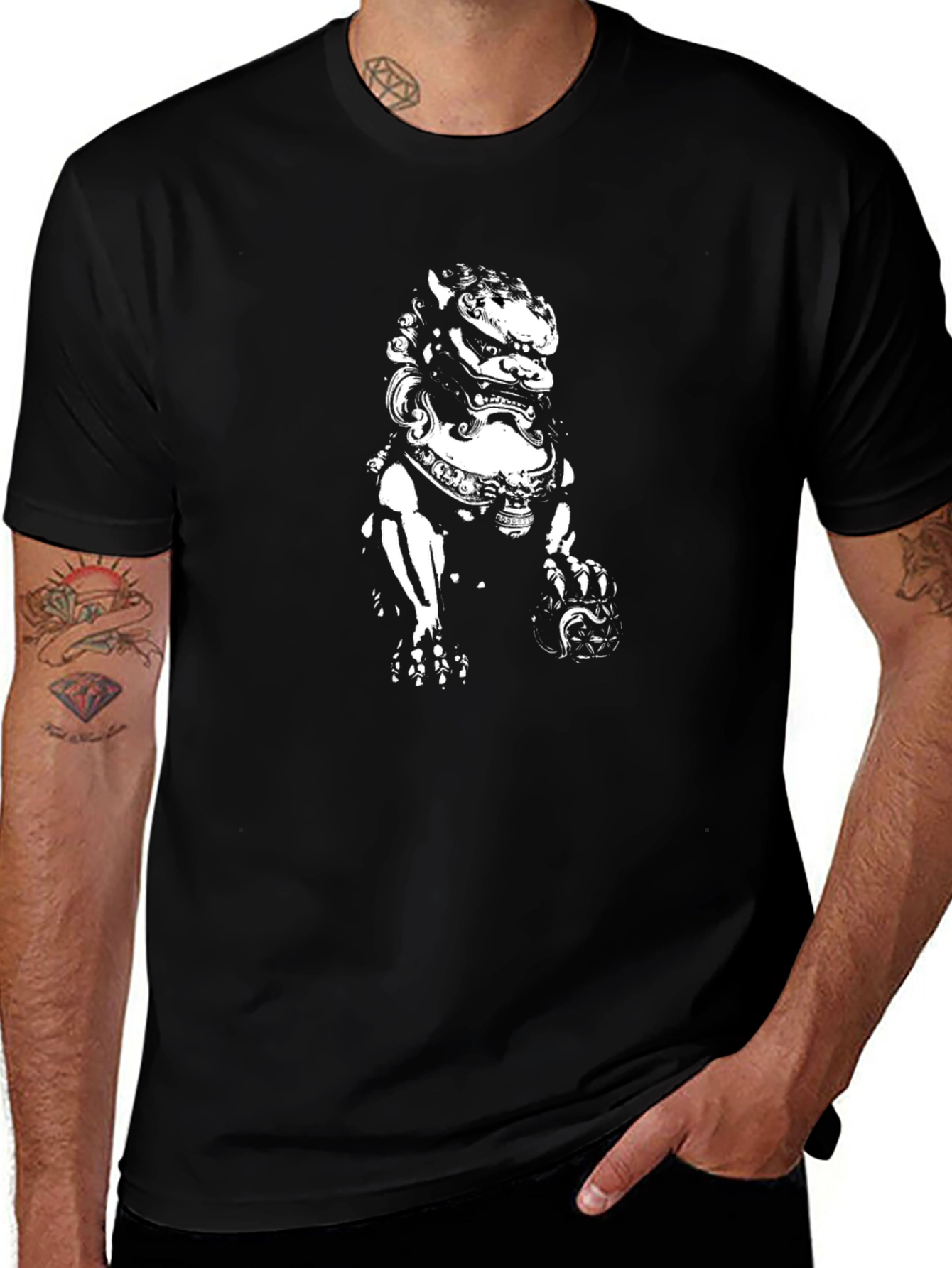 Black Graphic Tee - Chinese Lion Design
