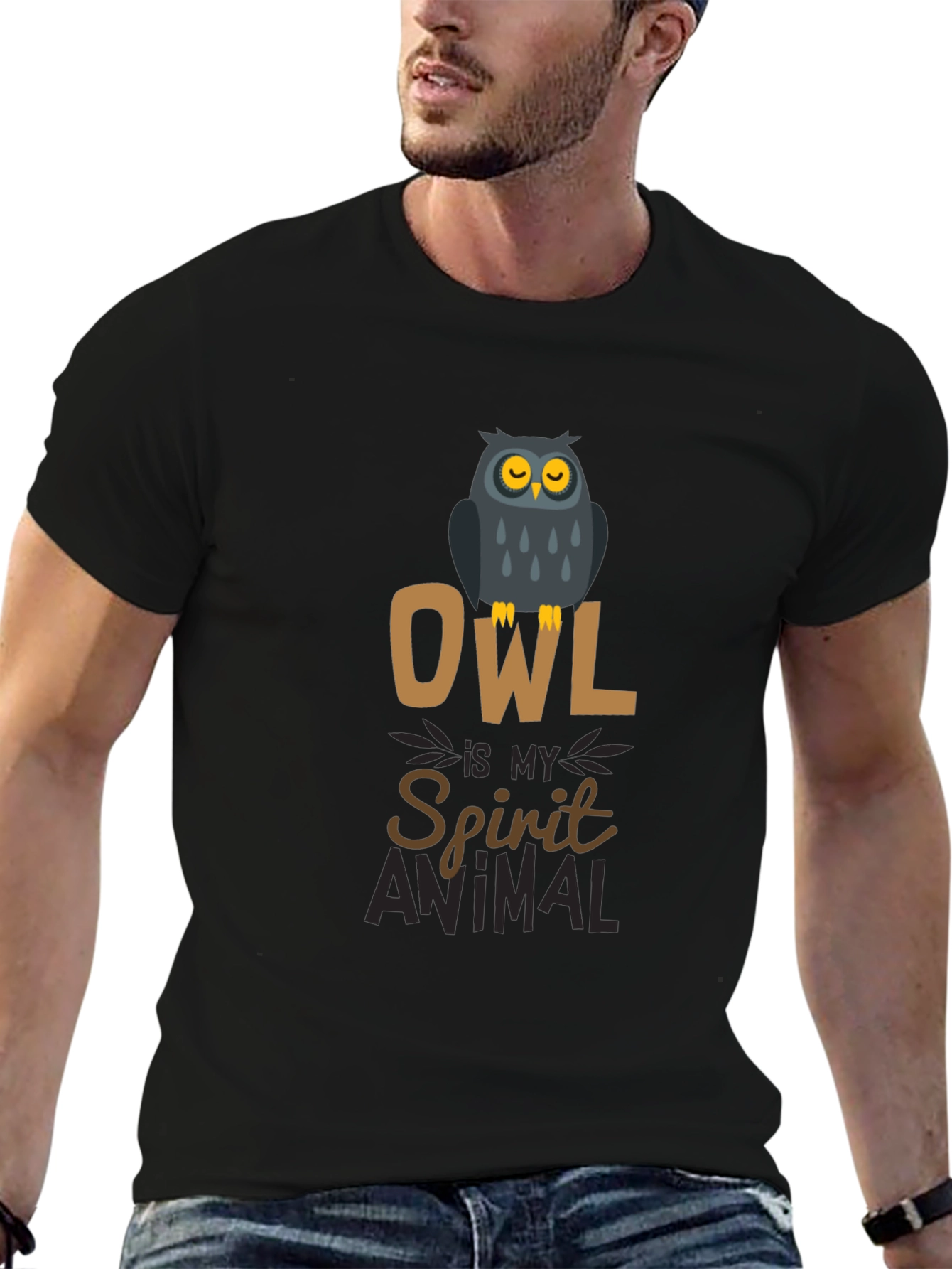 Owl Spirit Animal Black Cotton Graphic T-Shirt