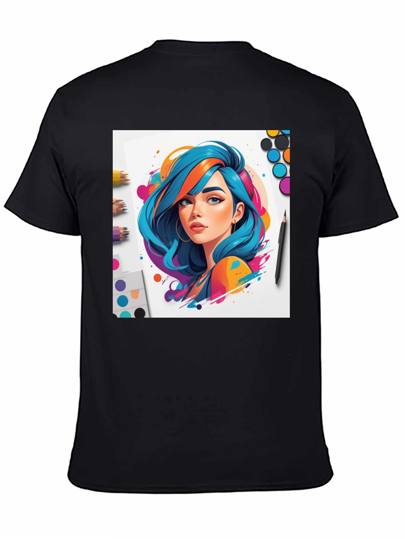 Colorful Anime Girl Graphic Tee - Black
