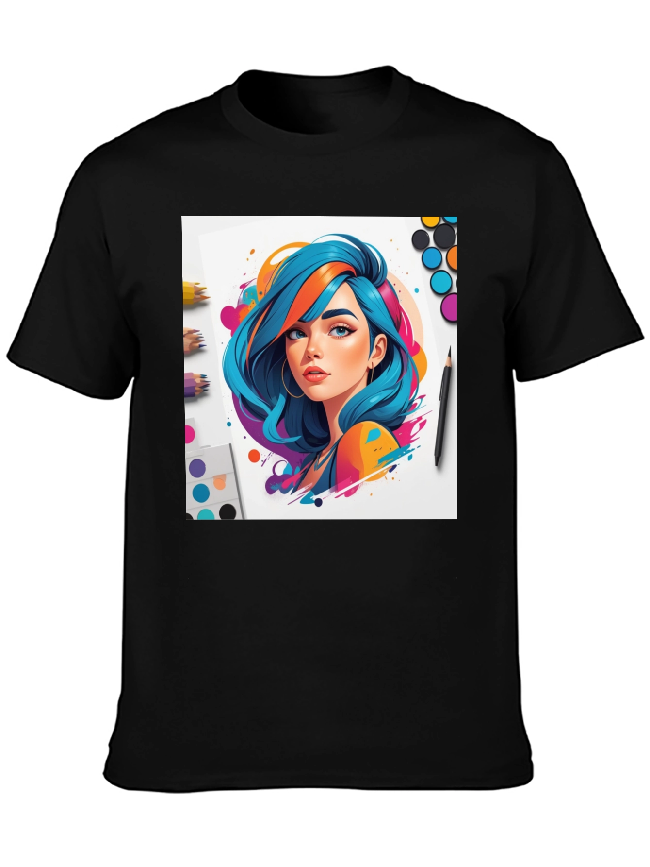 Colorful Anime Girl Graphic Tee - Black
