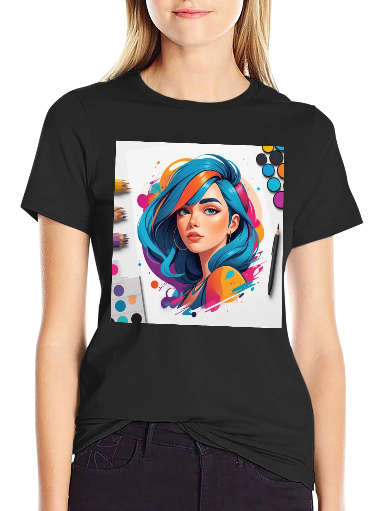 Colorful Anime Girl Graphic Tee - Black