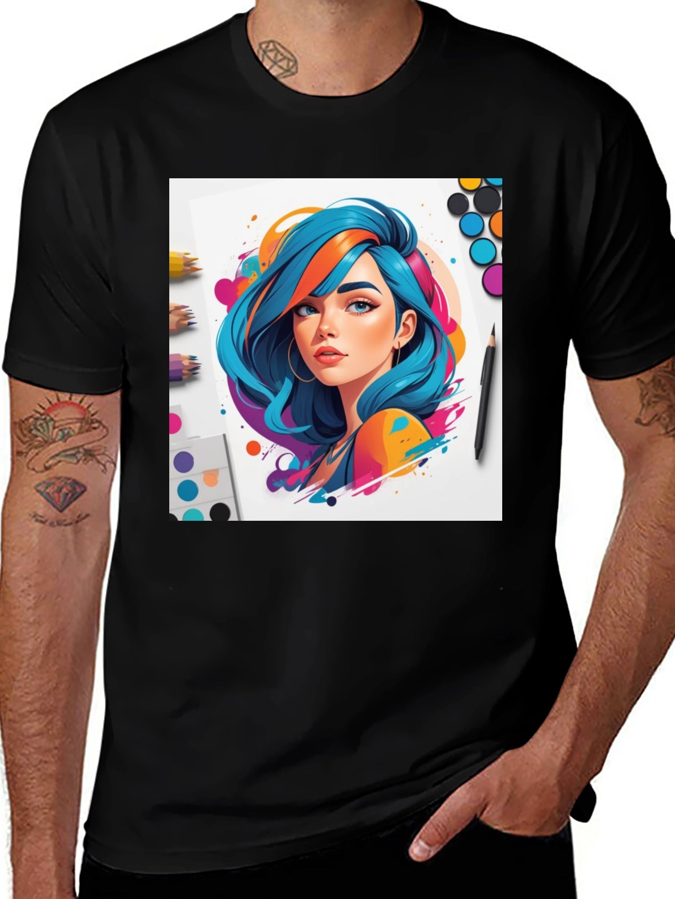 Colorful Anime Girl Graphic Tee - Black