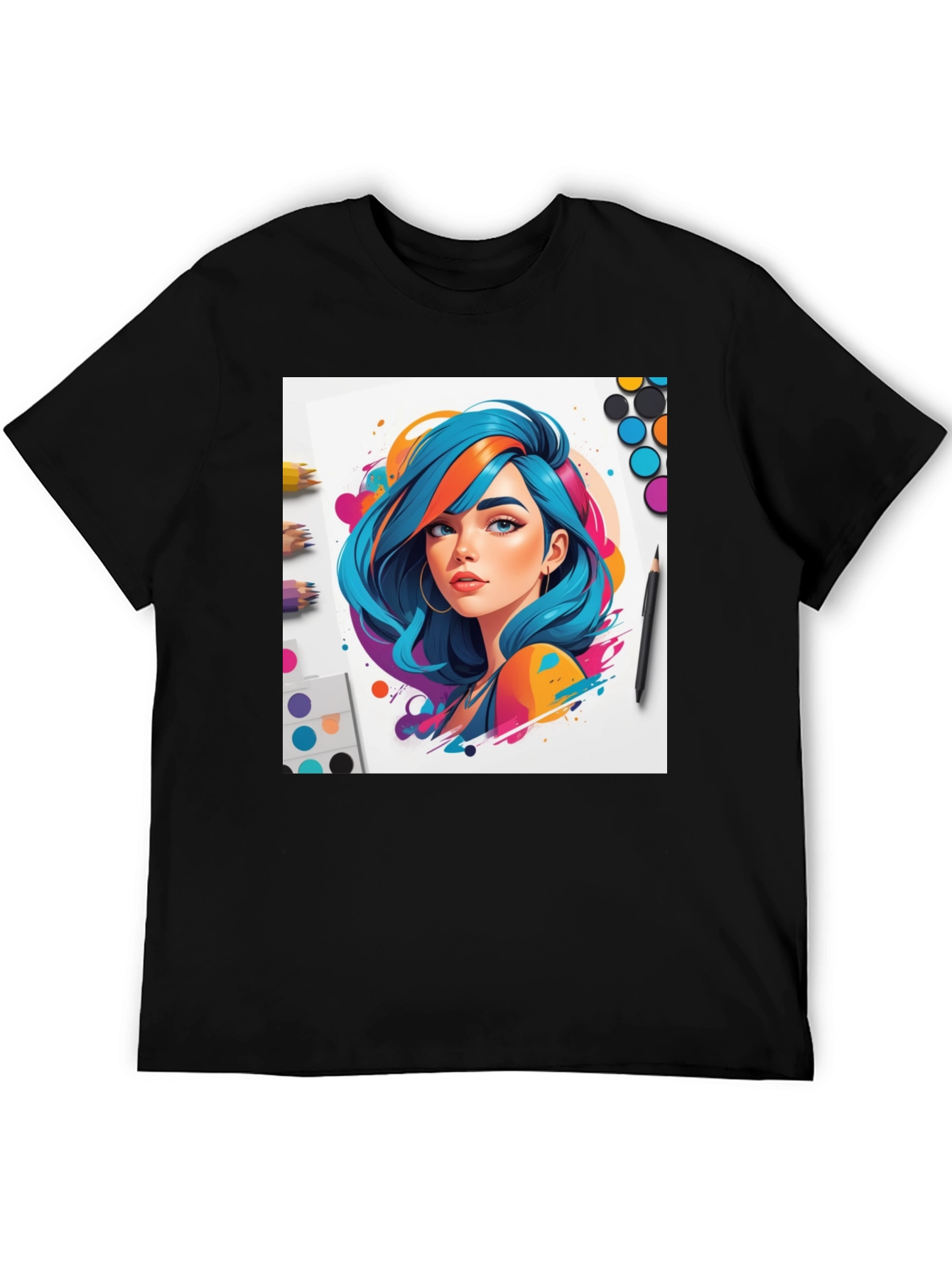 Colorful Anime Girl Graphic Tee - Black