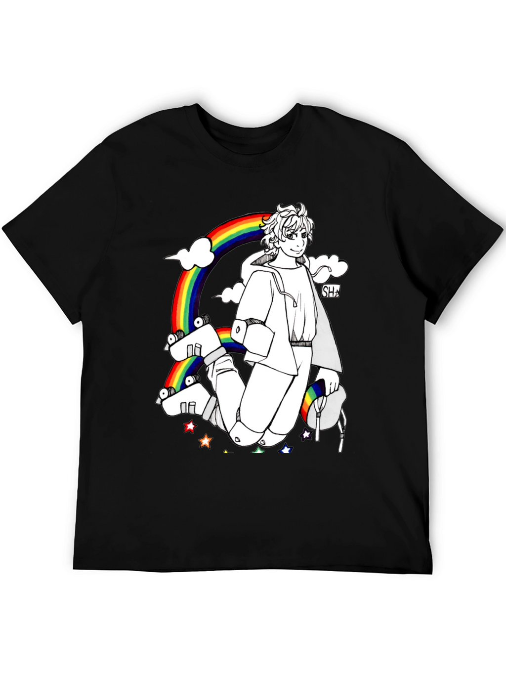 Rainbow Anime Graphic Black T-Shirt