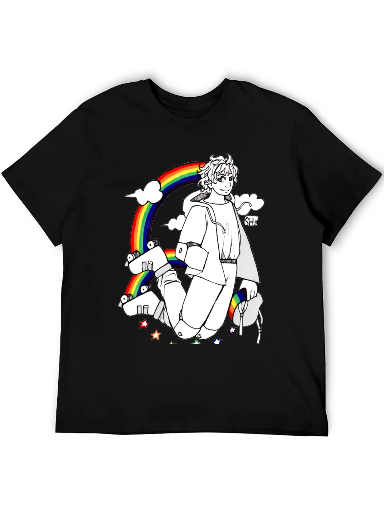 Rainbow Anime Graphic Black T-Shirt
