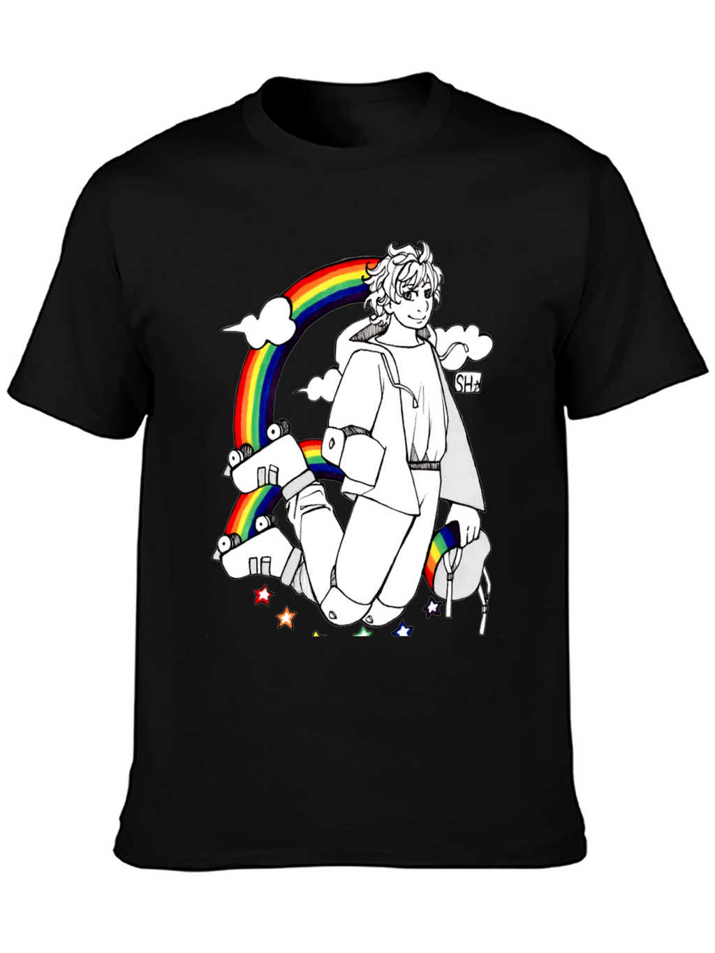 Rainbow Anime Graphic Black T-Shirt