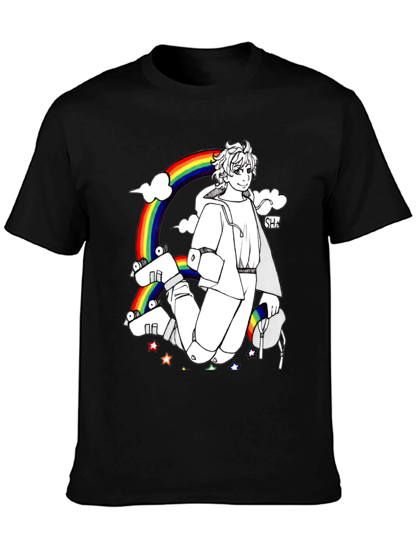 Rainbow Anime Graphic Black T-Shirt