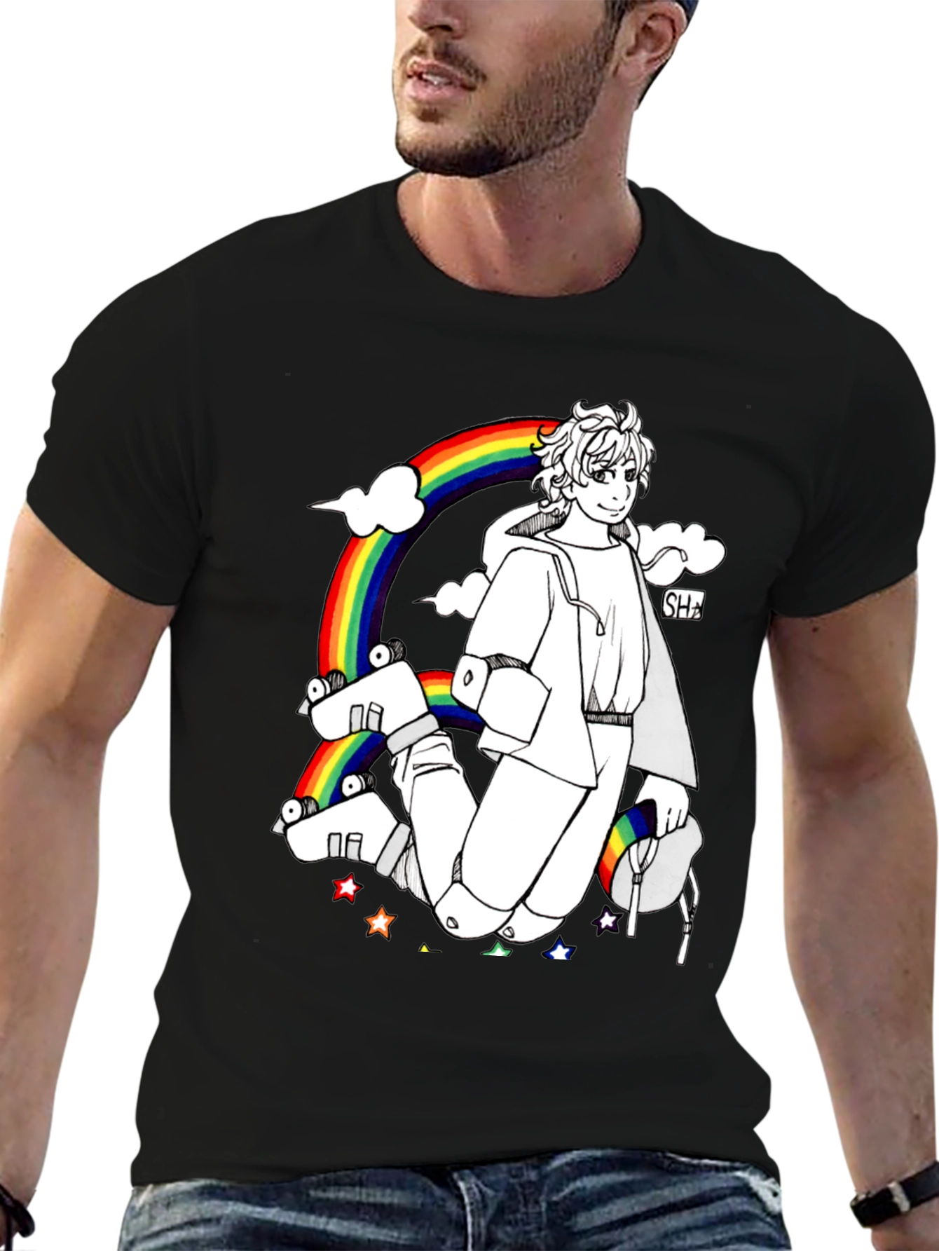 Rainbow Anime Graphic Black T-Shirt