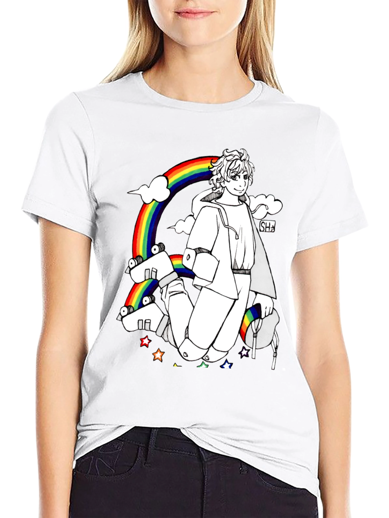 Rainbow Anime Graphic Black T-Shirt