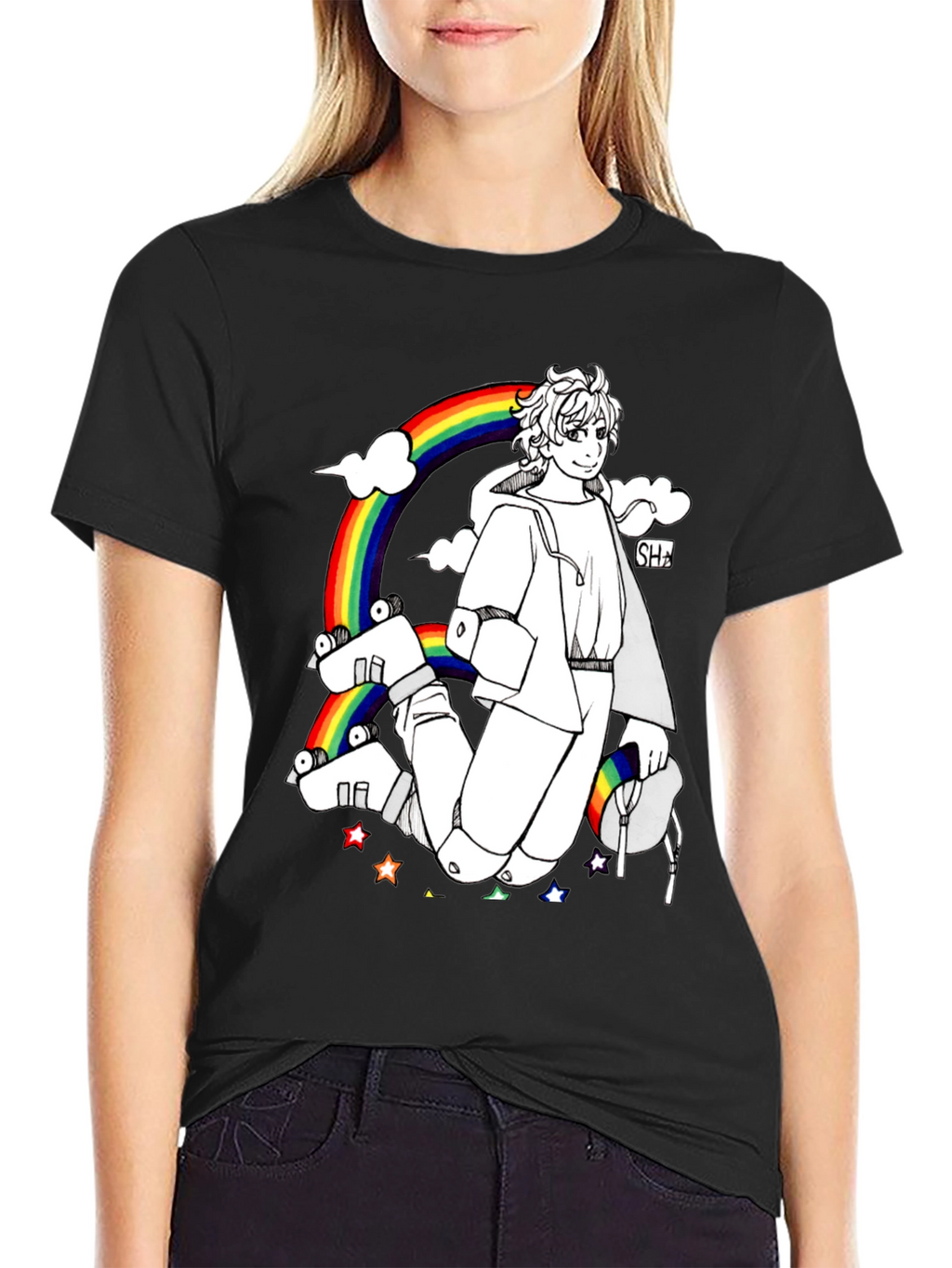 Rainbow Anime Graphic Black T-Shirt