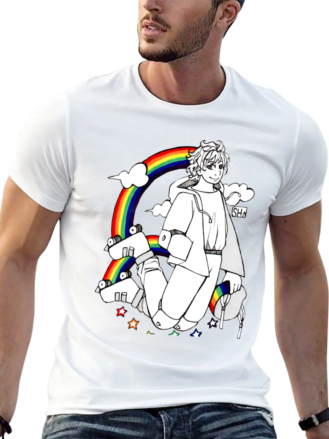 Rainbow Anime Graphic Black T-Shirt