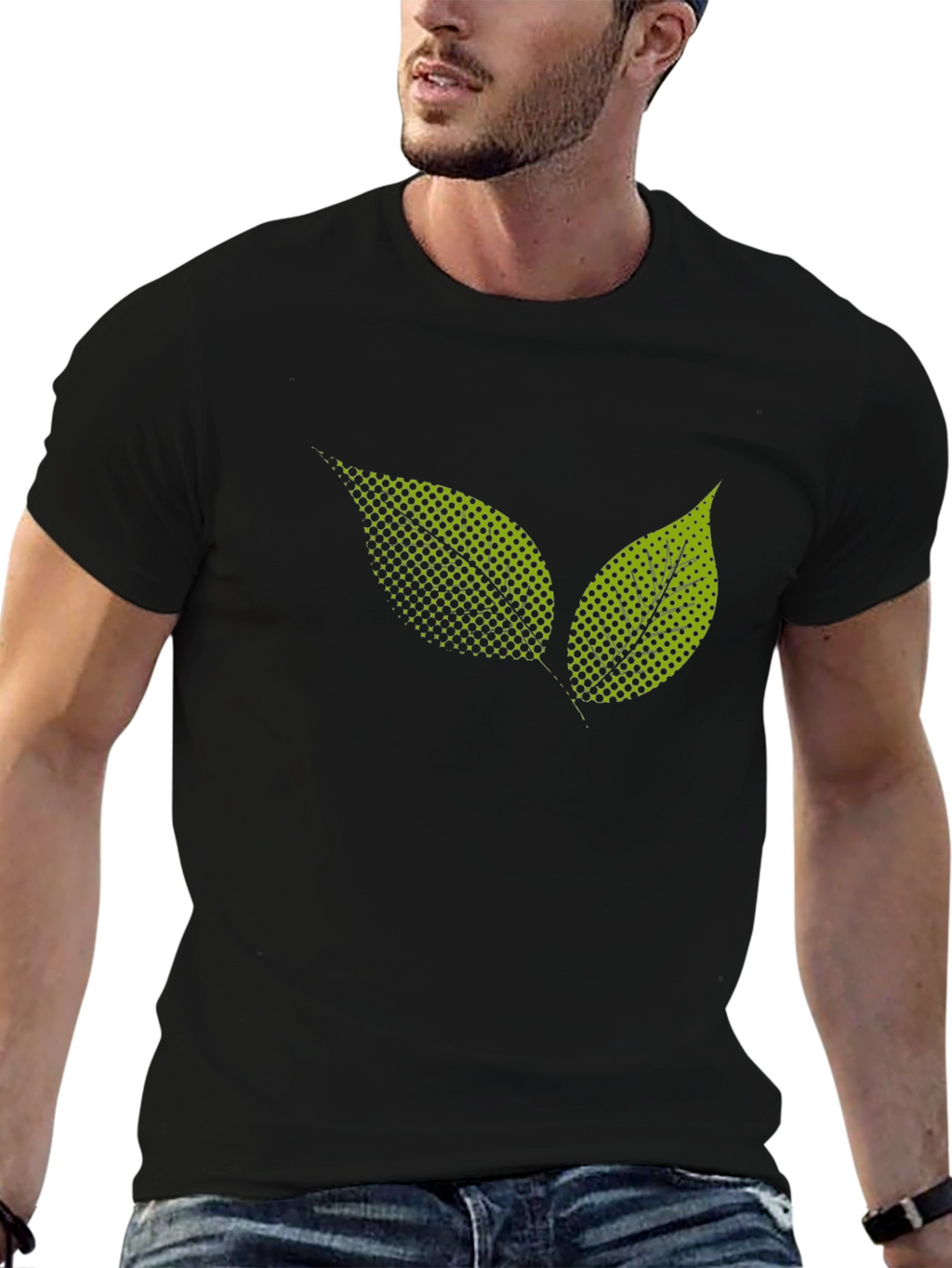 Black T-Shirt with Green Leaf Graphic Print