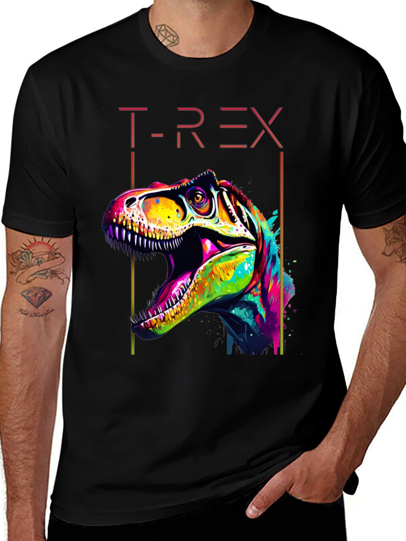 Colorful T-Rex Graphic Print Black T-Shirt