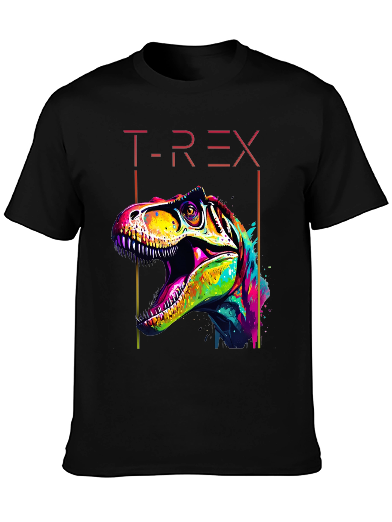 Colorful T-Rex Graphic Print Black T-Shirt