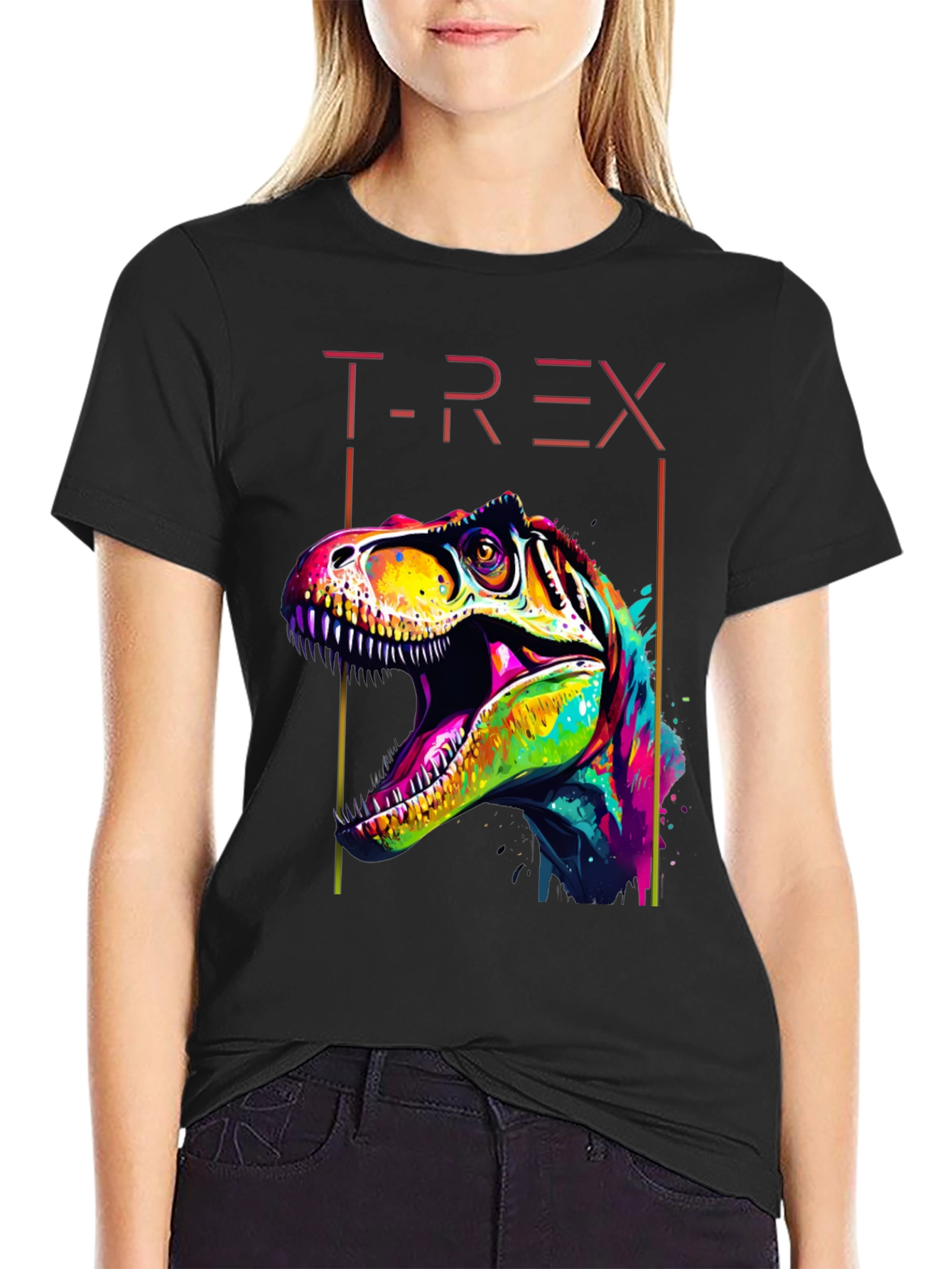 Colorful T-Rex Graphic Print Black T-Shirt