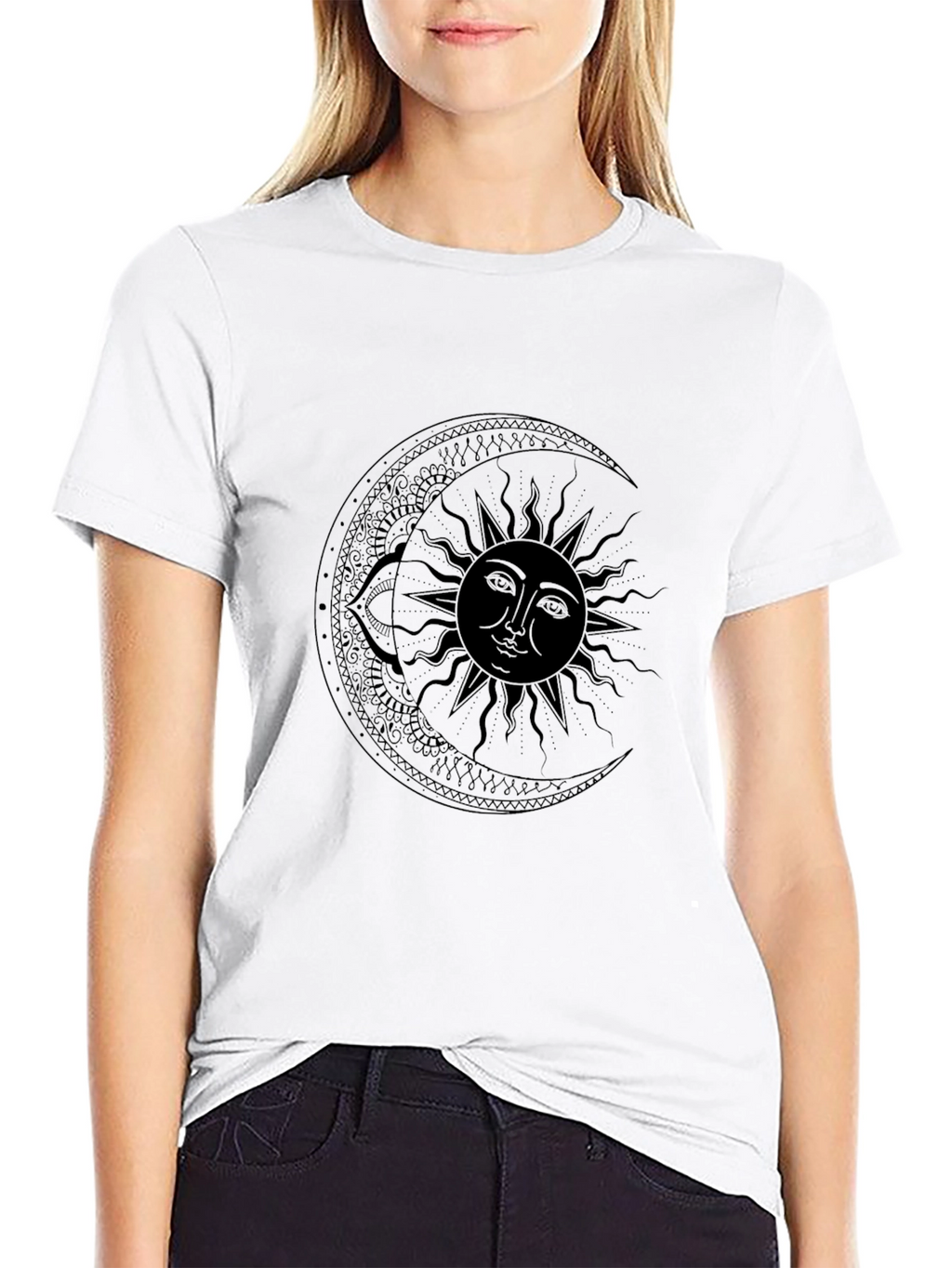 Celestial Sun & Moon Black Graphic T-Shirt