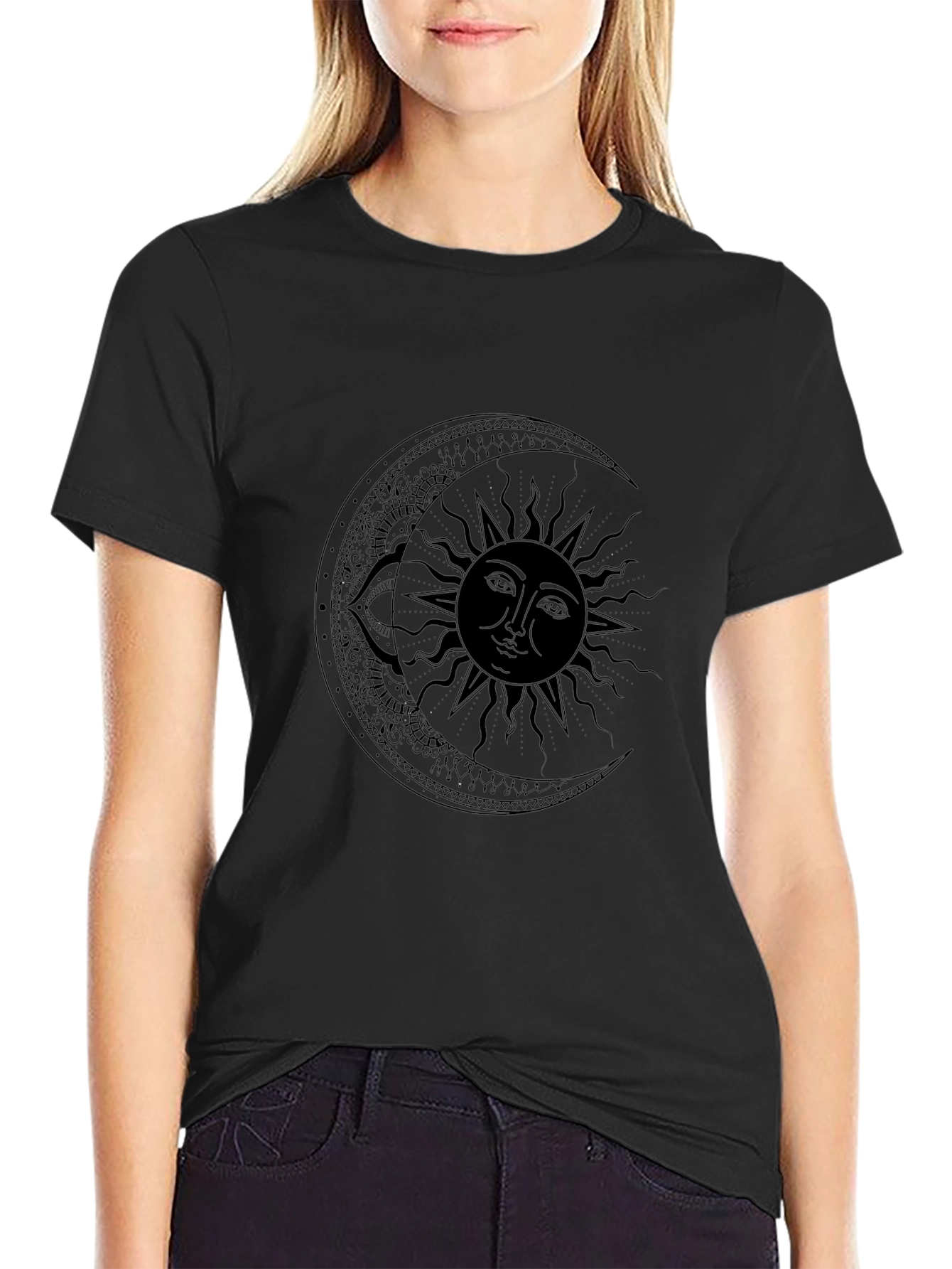 Celestial Sun & Moon Black Graphic T-Shirt