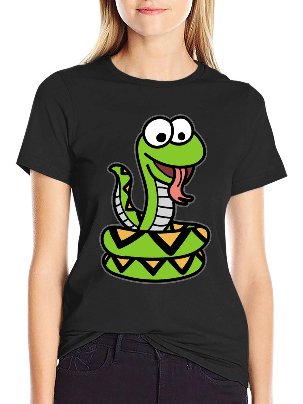 Cartoon Snake Graphic Tee - Black Cotton T-Shirt