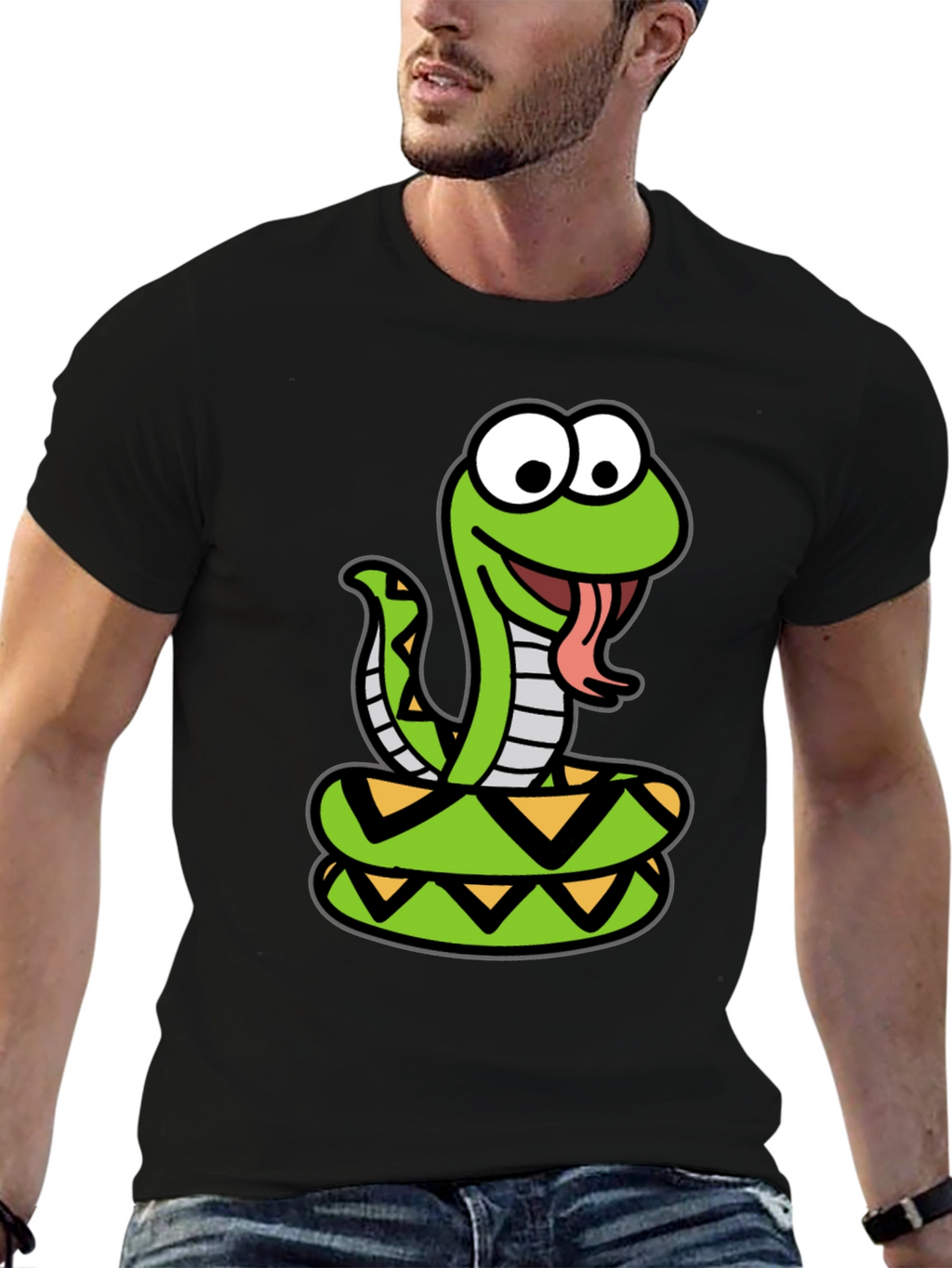 Cartoon Snake Graphic Tee - Black Cotton T-Shirt