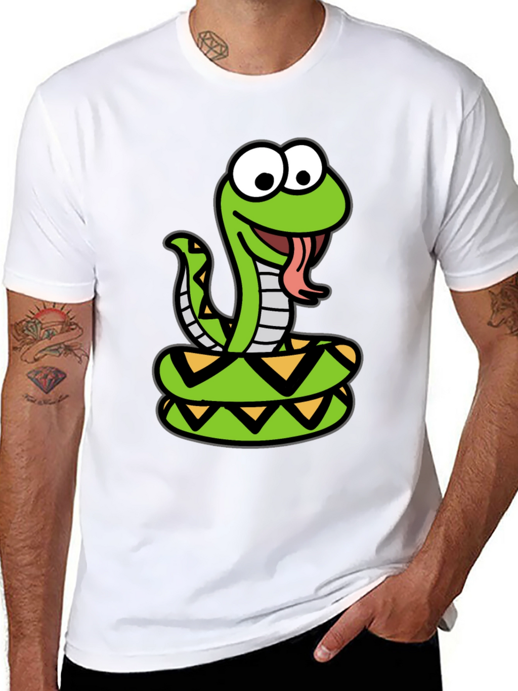 Cartoon Snake Graphic Tee - Black Cotton T-Shirt