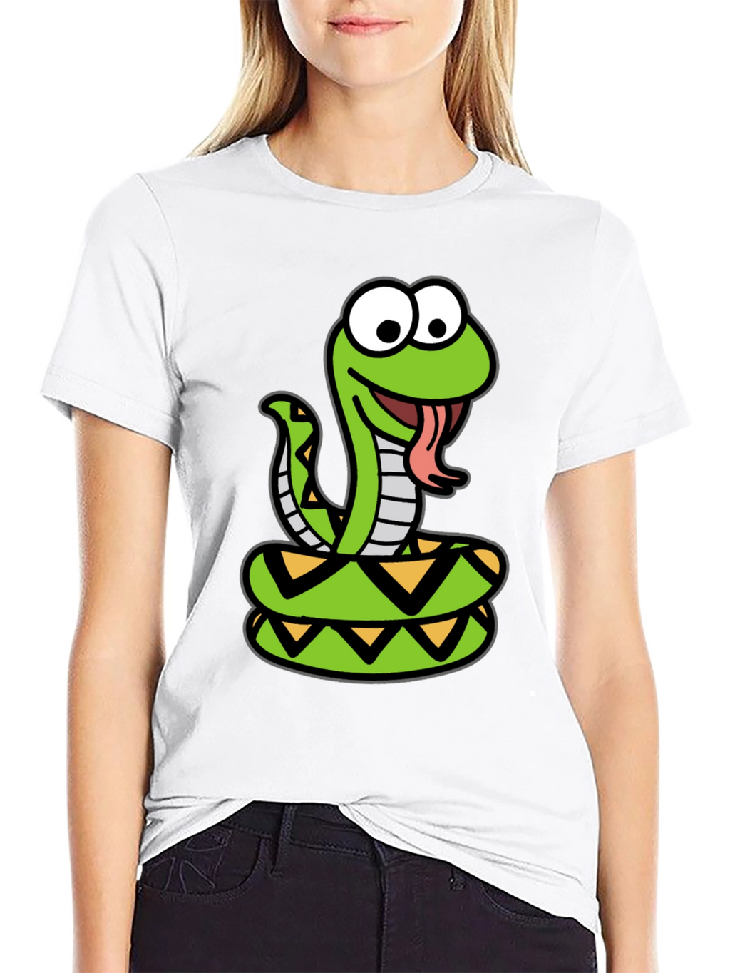 Cartoon Snake Graphic Tee - Black Cotton T-Shirt