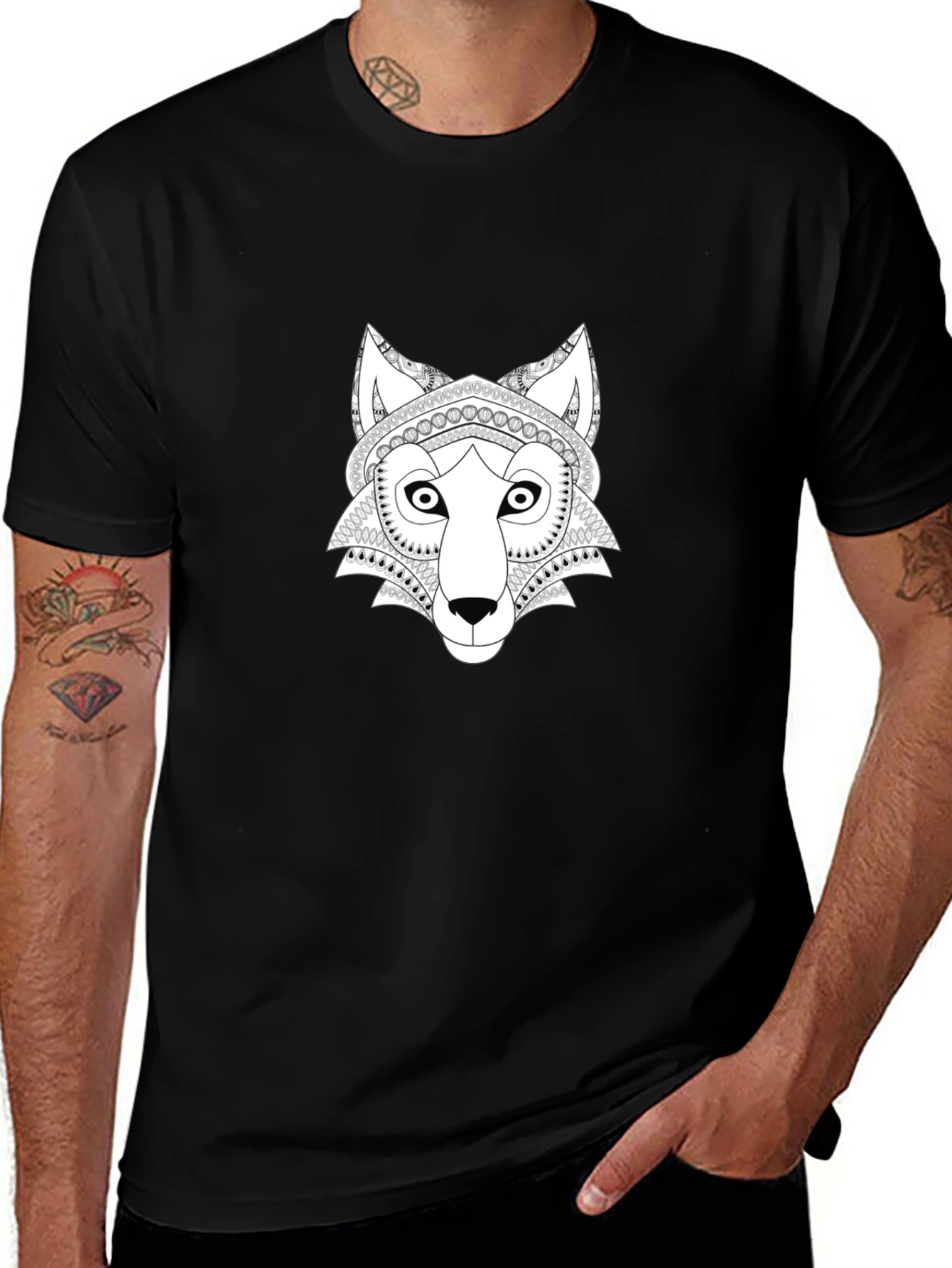Wolf Mandala Graphic Tee - Black Cotton T-Shirt
