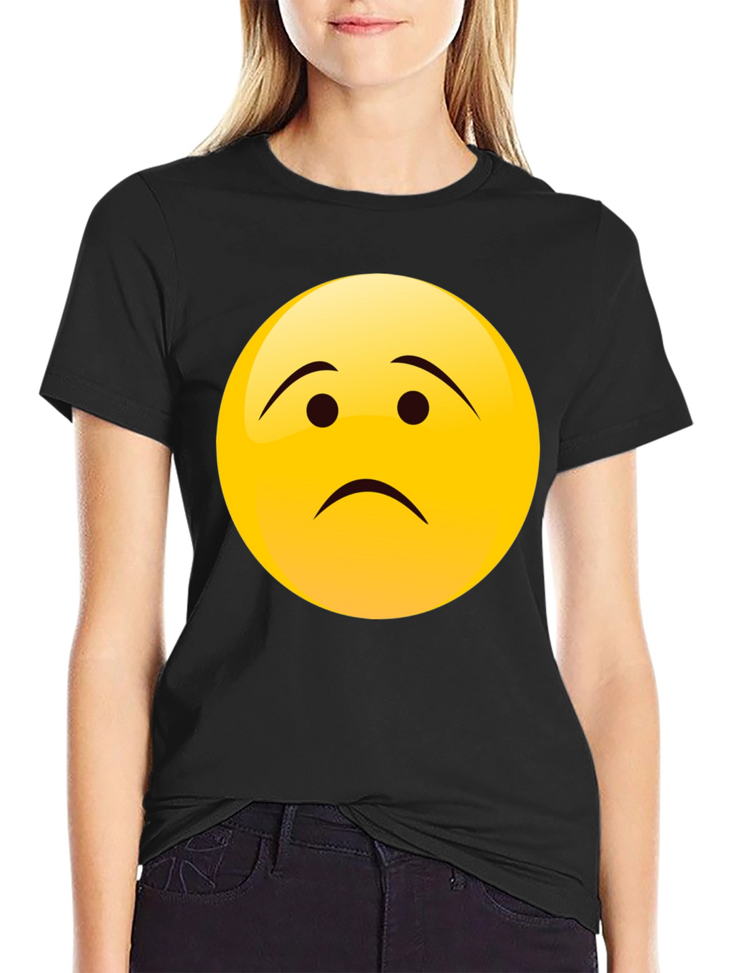 Sad Face Emoji Graphic Black T-Shirt