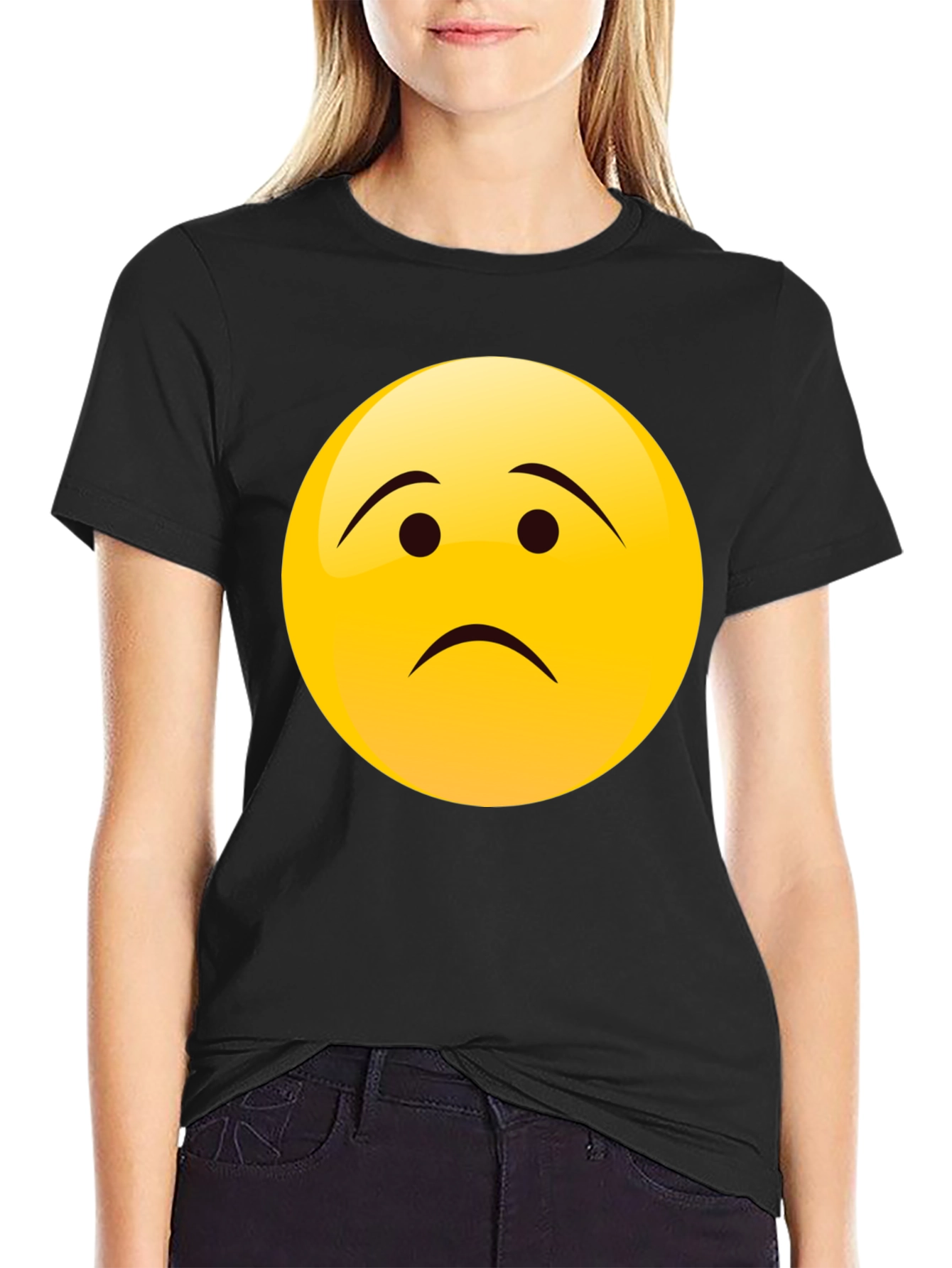 Sad Face Emoji Graphic Black T-Shirt