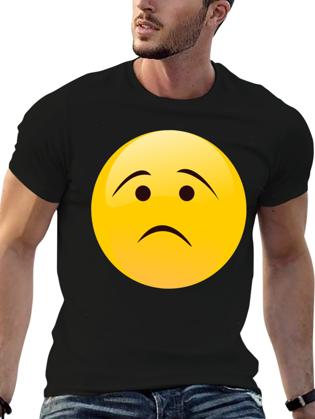 Sad Face Emoji Graphic Black T-Shirt