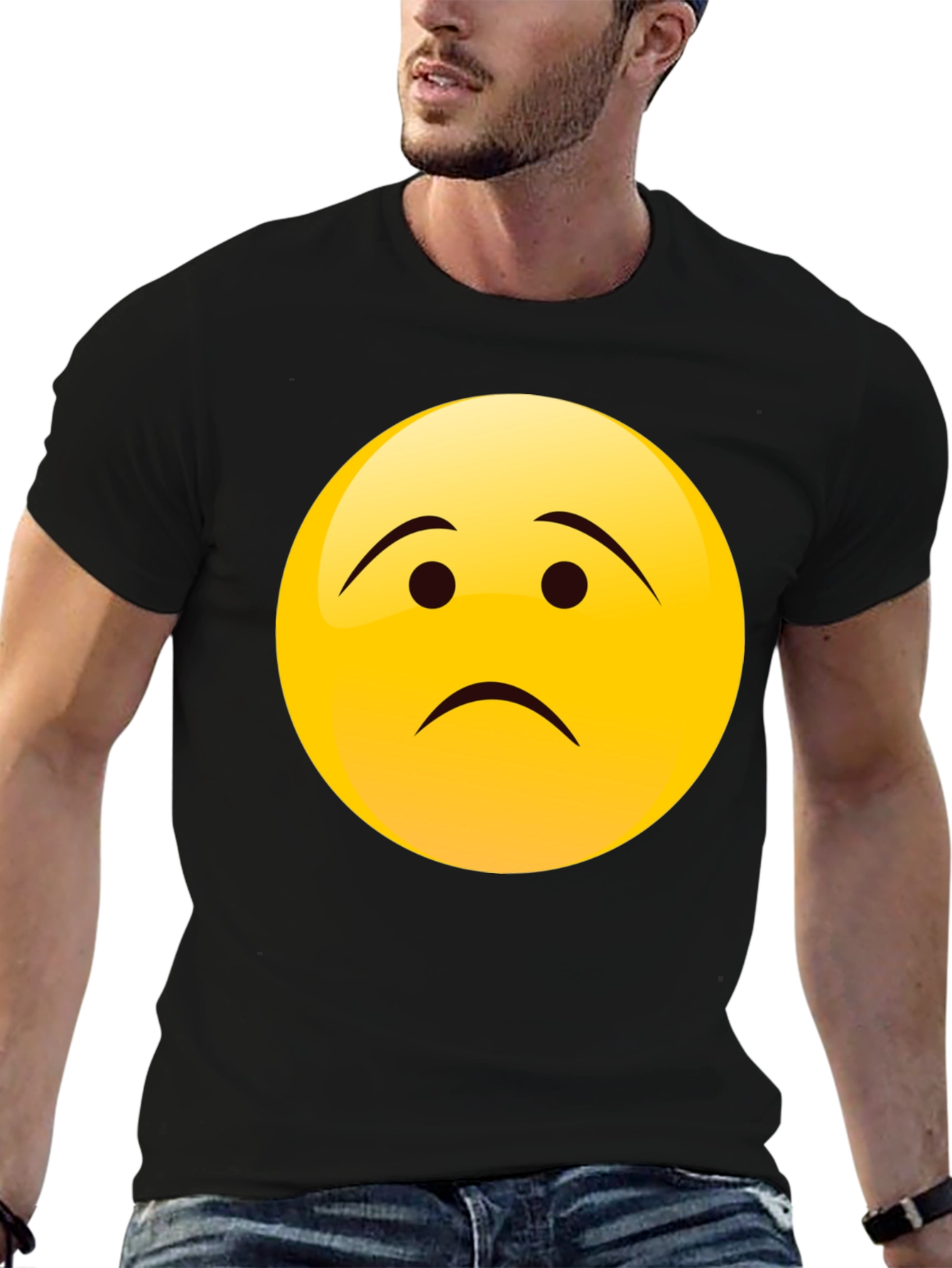 Sad Face Emoji Graphic Black T-Shirt