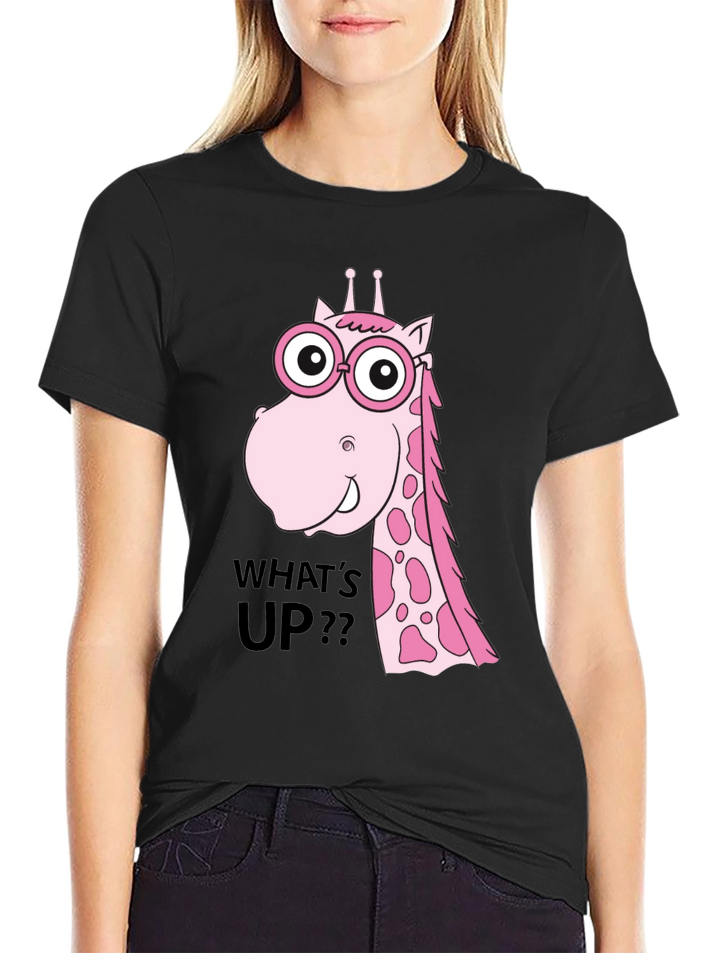 Funny Giraffe T-Shirt - Whats Up? Black Tee