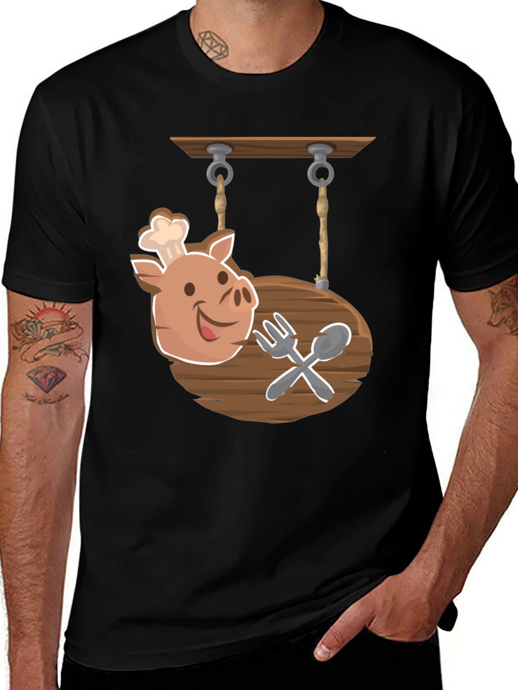 Chef Pig Sign Black T-Shirt