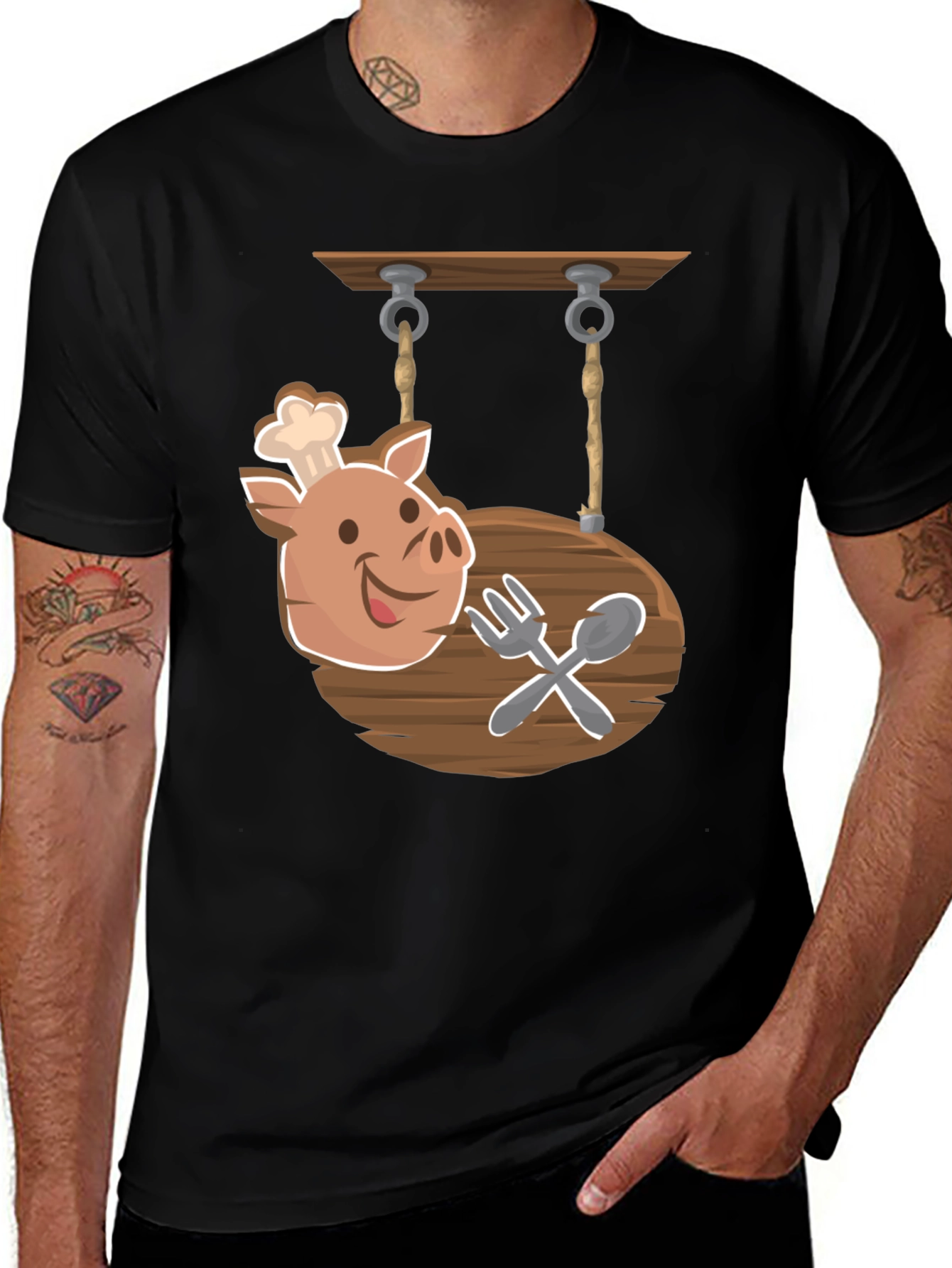 Chef Pig Sign Black T-Shirt