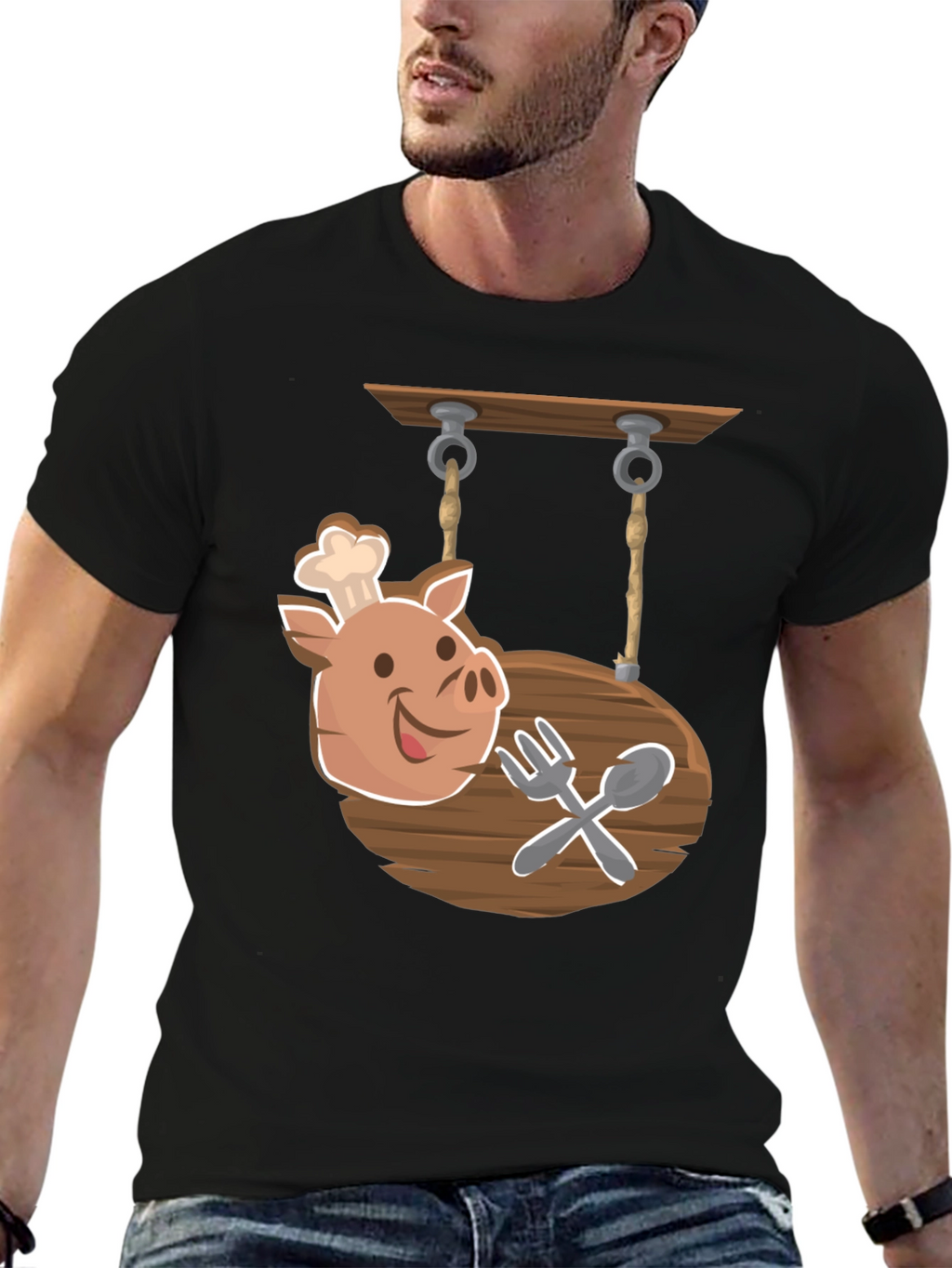 Chef Pig Sign Black T-Shirt