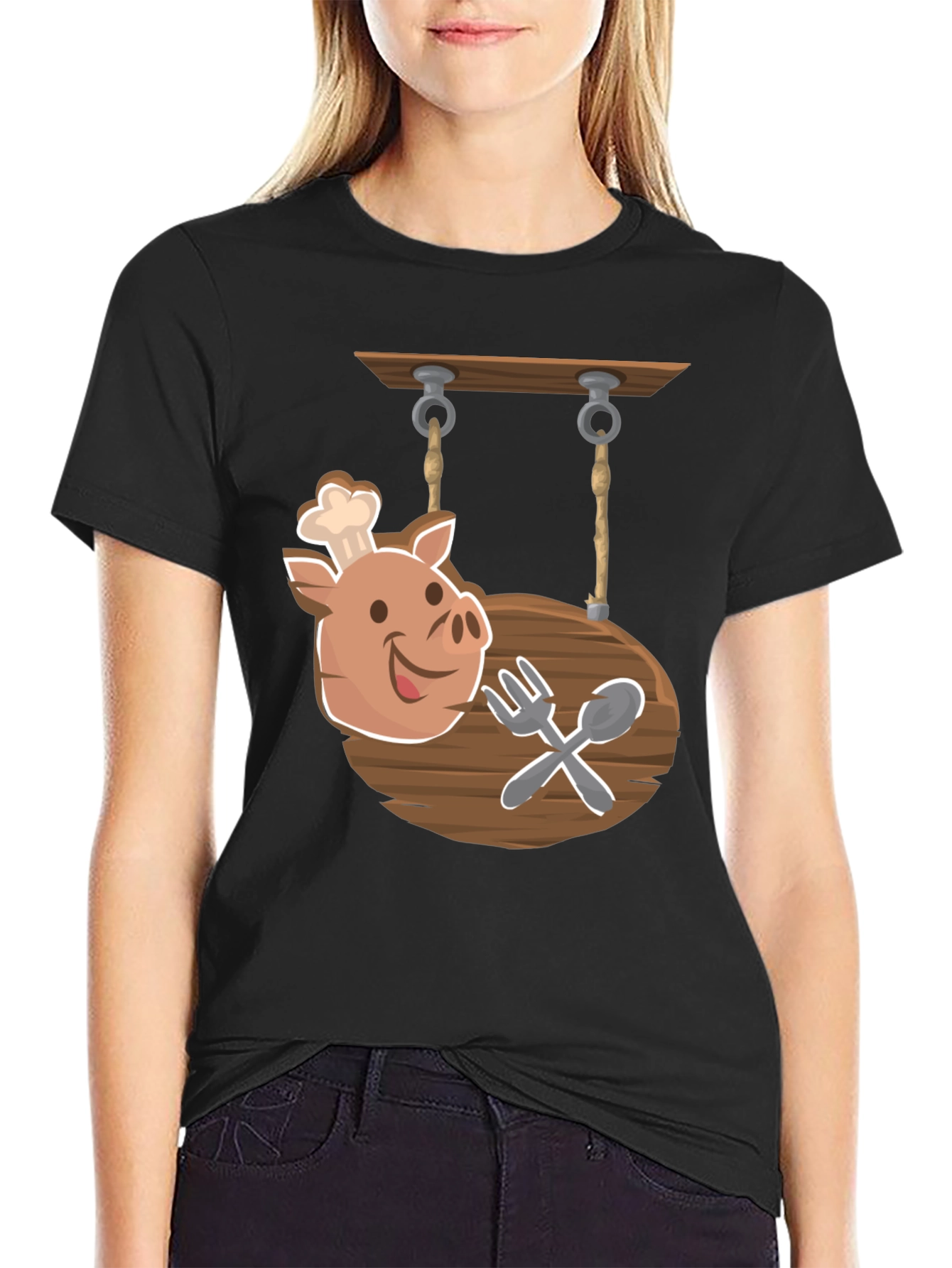 Chef Pig Sign Black T-Shirt
