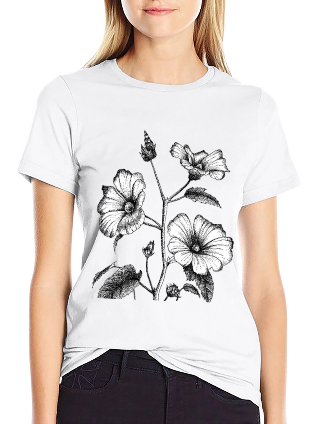 Black Floral Print Graphic Tee - Botanical Style