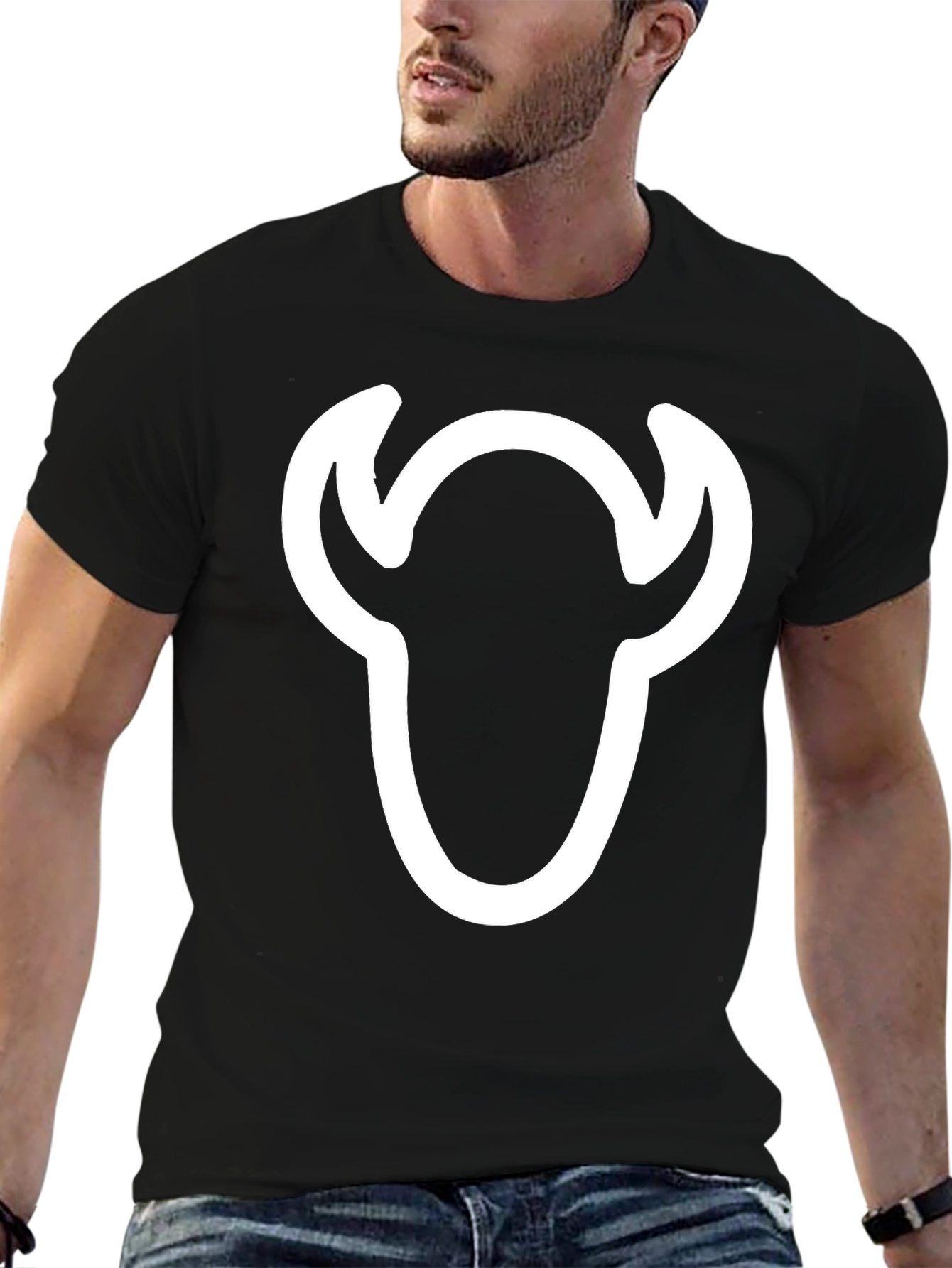 Black T-Shirt with White Bull Skull Graphic