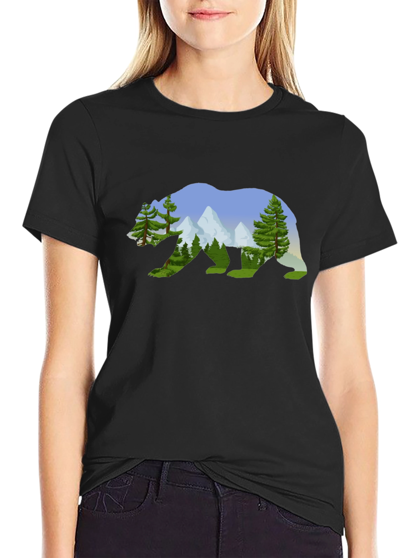 Nature Bear Graphic Tee - Black Cotton Shirt