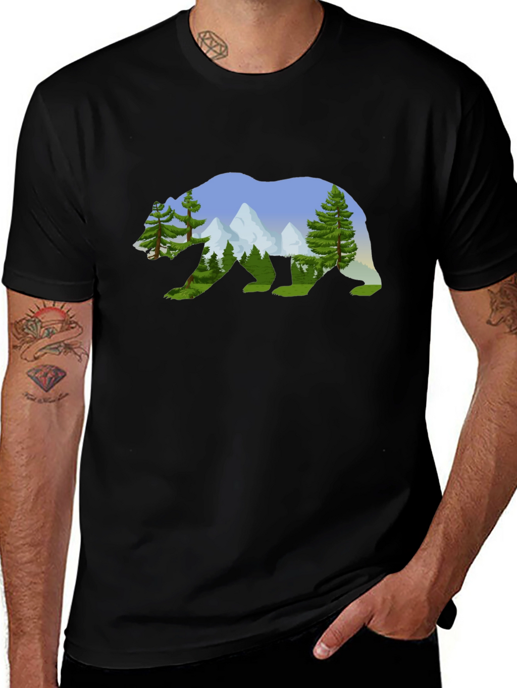 Nature Bear Graphic Tee - Black Cotton Shirt