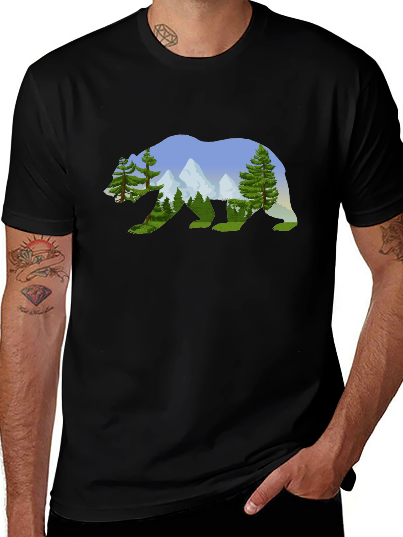Nature Bear Graphic Tee - Black Cotton Shirt