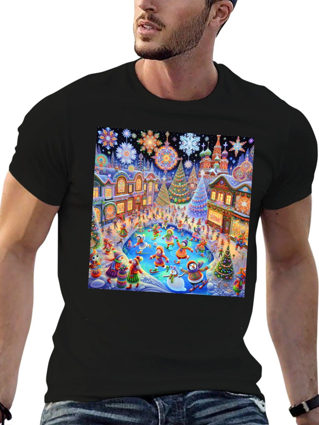 Winter Holiday Scene Black T-Shirt