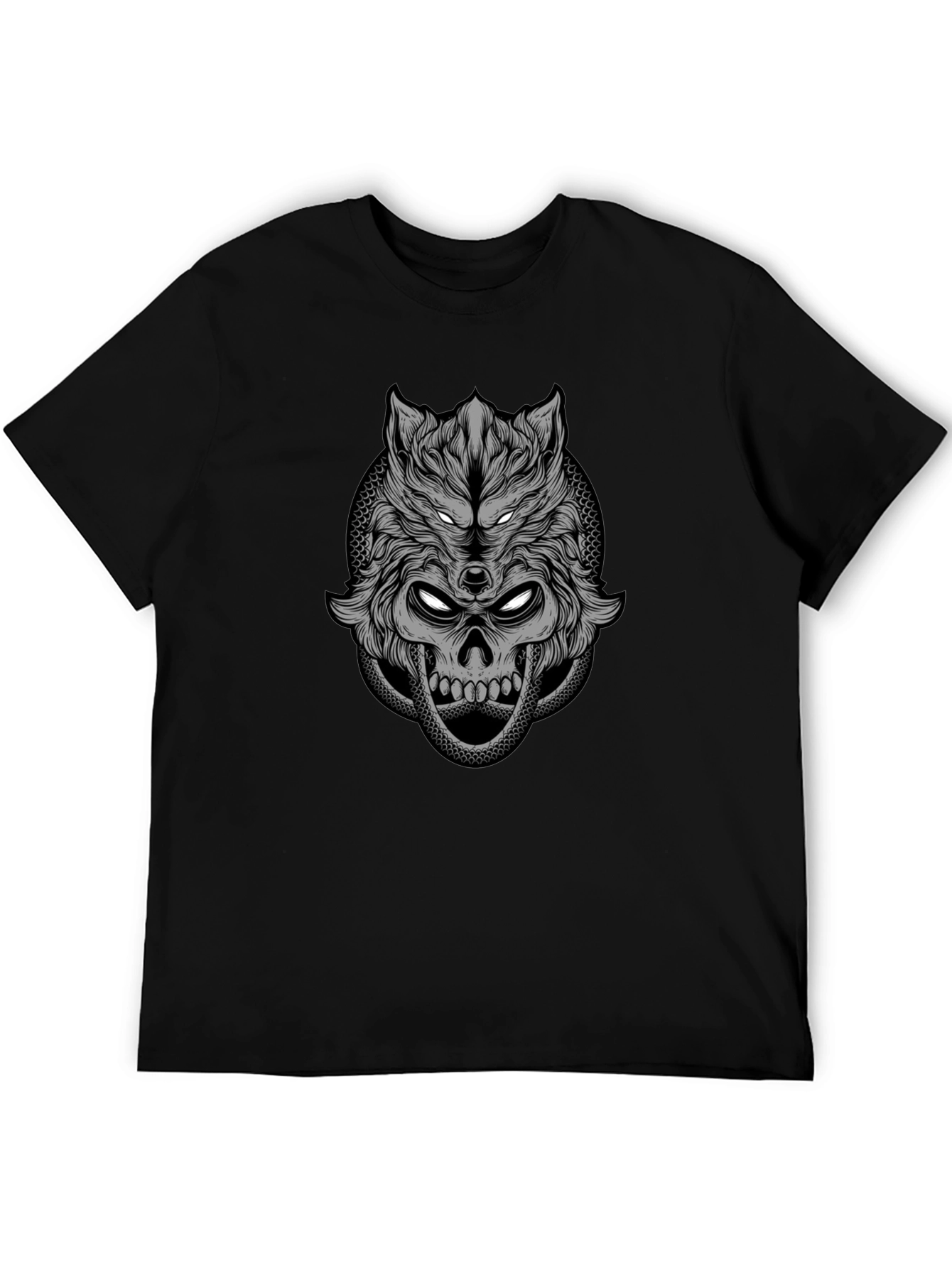Wolf Skull Graphic Print T-Shirt - Black