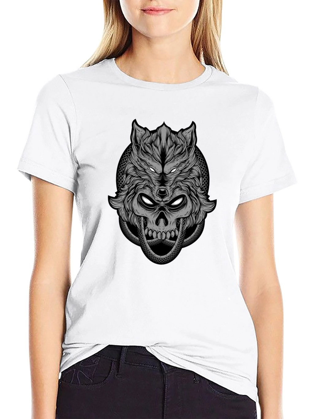 Wolf Skull Graphic Print T-Shirt - Black