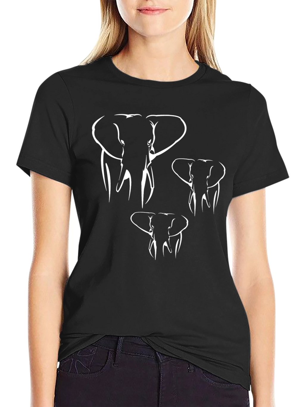 Elephant Outline Graphic Tee - Casual Black T-Shirt
