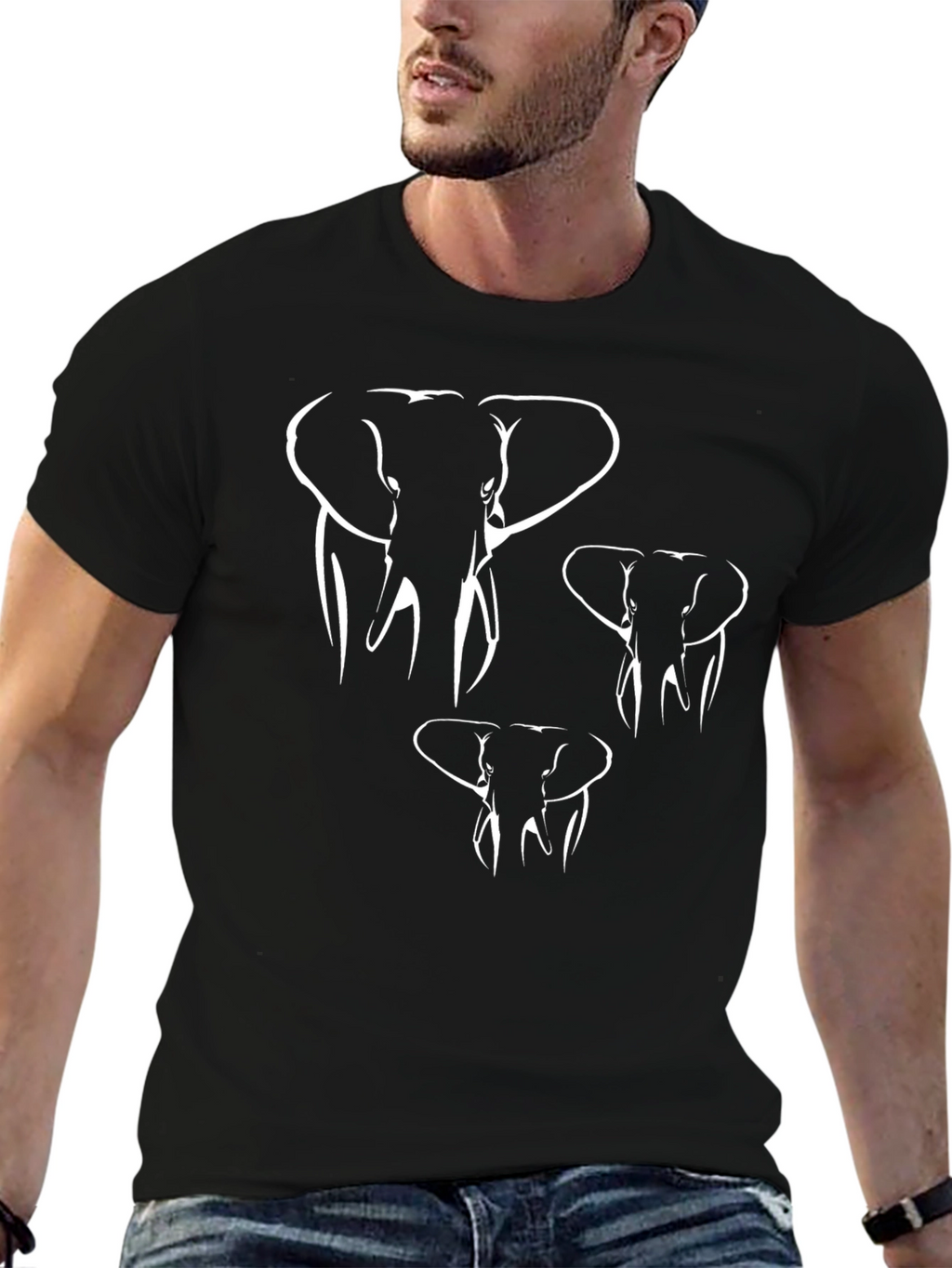 Elephant Outline Graphic Tee - Casual Black T-Shirt