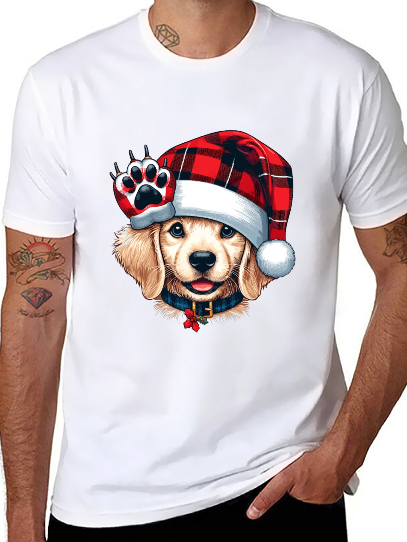 Dog in Santa Hat Black T-Shirt